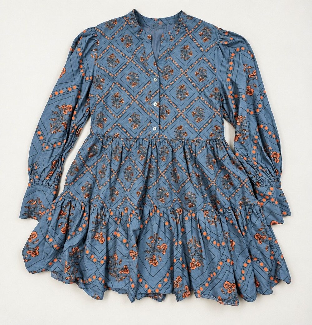 Boho Celina Moon Floral Tiered Cotton Mini Dress Puff Sleeve S